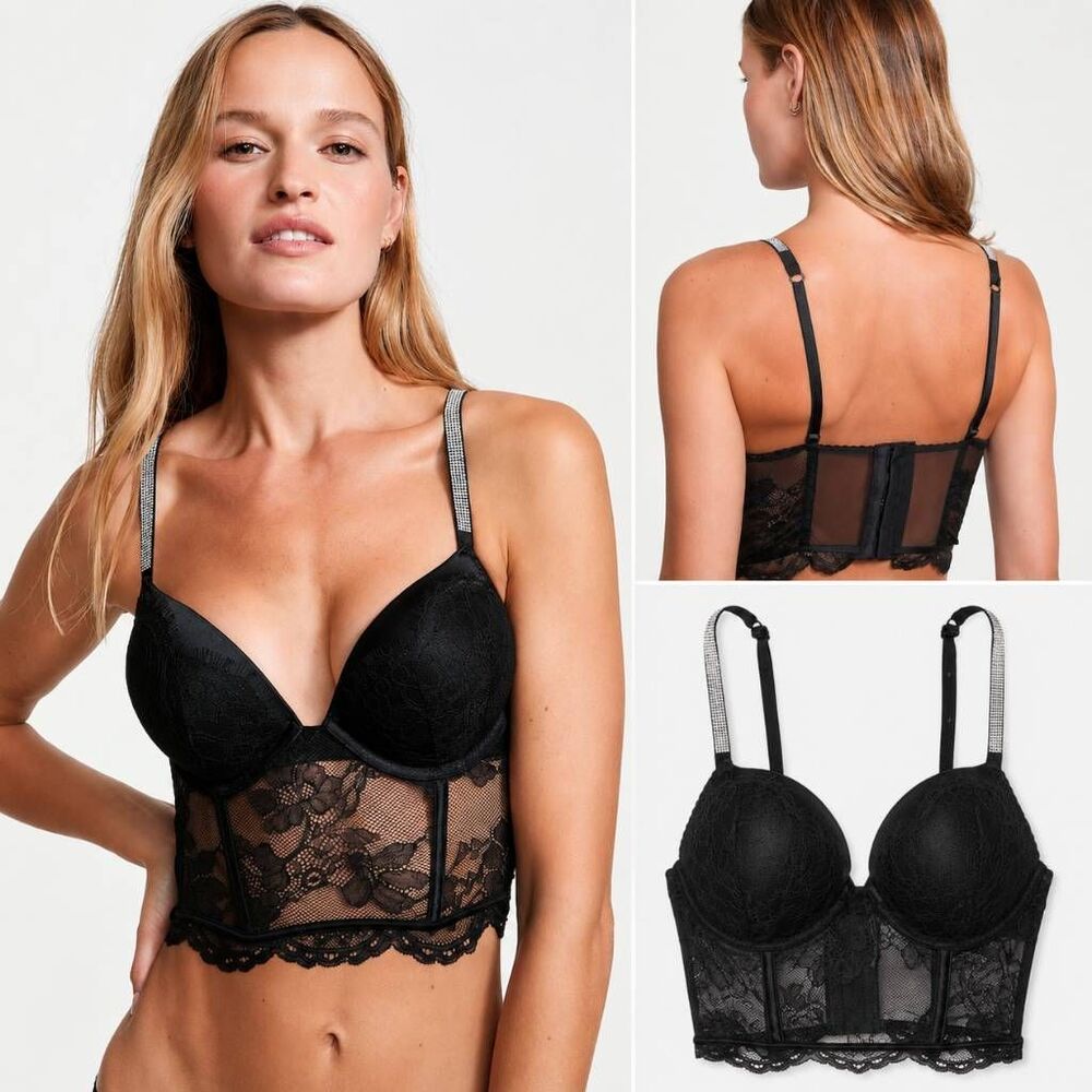 Victoria's Secret Very Sexy Shine Strap Push-Up Bustier Bra Black 36D Lace